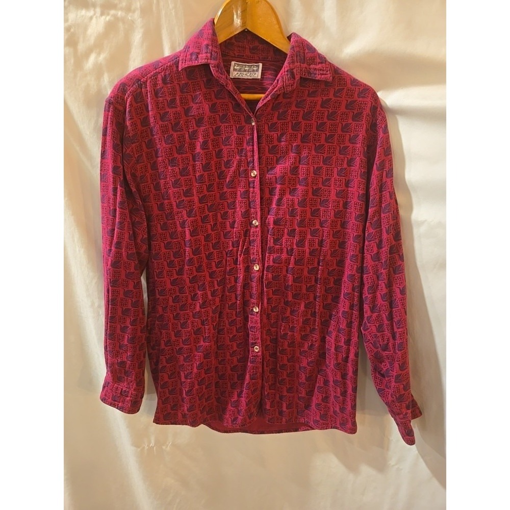 Secrets  Women's Large Long Sleeve Cotton Shirt Fuschia/Plum Bird Design Vintage